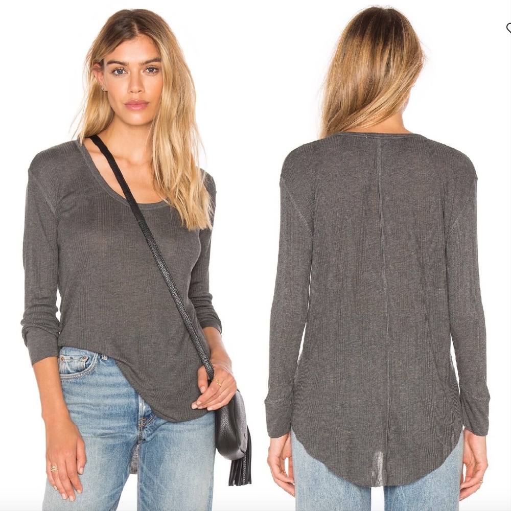 Rag & Bone 90's Long Sleeve Dark Heather Grey Micro Modal Top Scoop Neck Blouse